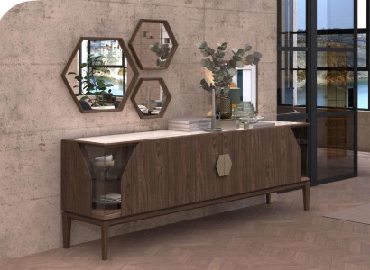 Luxury brown sideboard with glass elements storage space Dining room furniture Wood